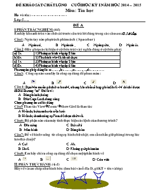 2 Đề khảo sát chất lượng cuối học kỳ I môn Tin học Lớp 5 - Năm học 2014-2015